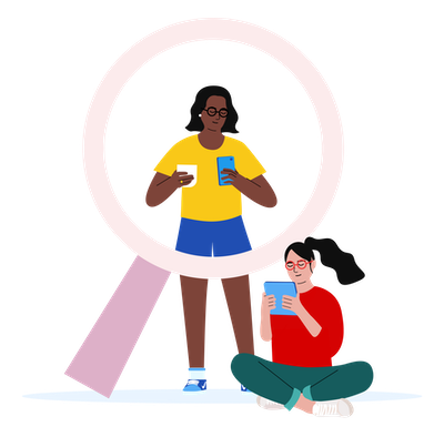 Two girls on the phone reading